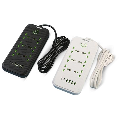 FLOITTUY Multiple Plug Extension Board | 6 Outlets with USB and Type-C Power Sockets | 2500W Output,Long Cable, Wall Mount Option | Surge Protector Power Strip | Travel Adapter (Black/White) - Image 1
