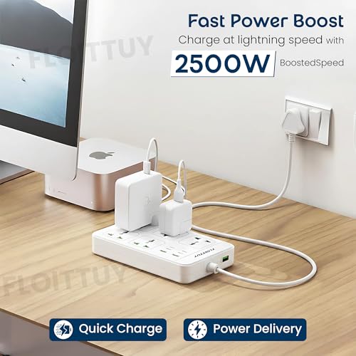 FLOITTUY Multiple Plug Extension Board | 6 Outlets with USB and Type-C Power Sockets | 2500W Output,Long Cable, Wall Mount Option | Surge Protector Power Strip | Travel Adapter (Black/White) - Image 2
