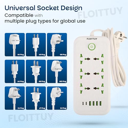 FLOITTUY Multiple Plug Extension Board | 6 Outlets with USB and Type-C Power Sockets | 2500W Output,Long Cable, Wall Mount Option | Surge Protector Power Strip | Travel Adapter (Black/White) - Image 3