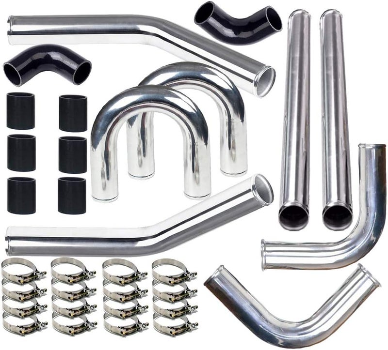MOOSUN 2" 8-Pcs Universal Intercooler Pipe Piping Turbo Polished Aluminum Kit with Silicone Hoses and Stainless Steel T-Clamps - Image 2