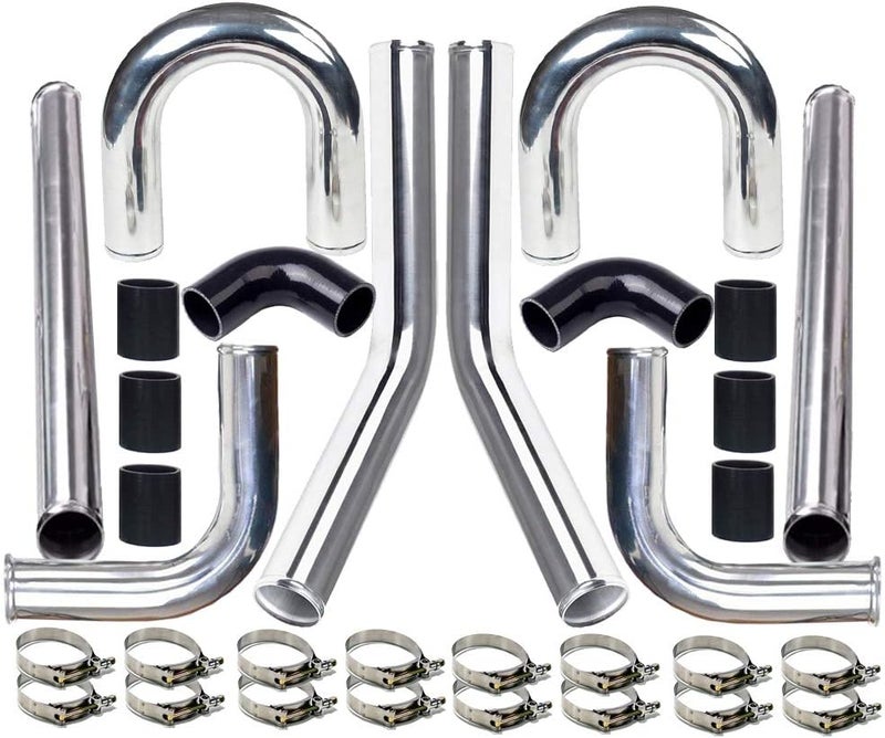 MOOSUN 2" 8-Pcs Universal Intercooler Pipe Piping Turbo Polished Aluminum Kit with Silicone Hoses and Stainless Steel T-Clamps - Image 1