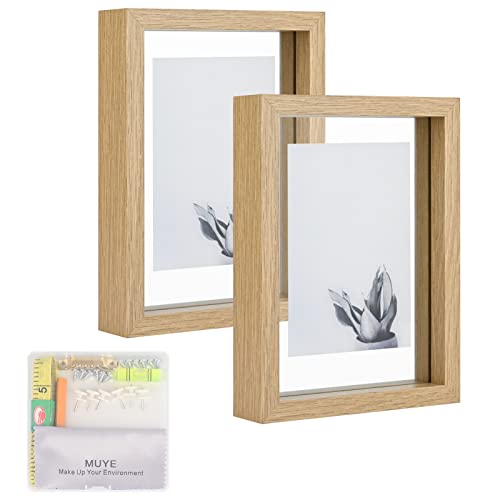 MUYE 5x7 Floating Frame Set of 2,Double Glass Rustic Photo Frame for Wall Hanging or Tabletop Standing,Also Display 4x6 or 3x5 Photo for Floating Effect,Natural - Image 1