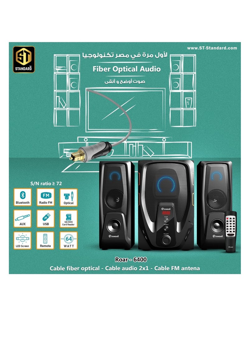 Standard - Speaker Standard 2.1 ROAR 6400 Power 64 Watt illuminated multimedia speaker Optical Cable - Aux - Bluetooth - Usb - Sd card - Radio - Led Screen - Remote - Full Function - Image 1