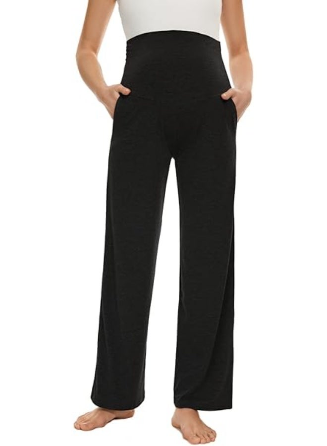 Women's Maternity Wide/Straight Versatile Comfy Palazzo Lounge Pants Stretch Pregnancy Trousers with Pockets - Image 2