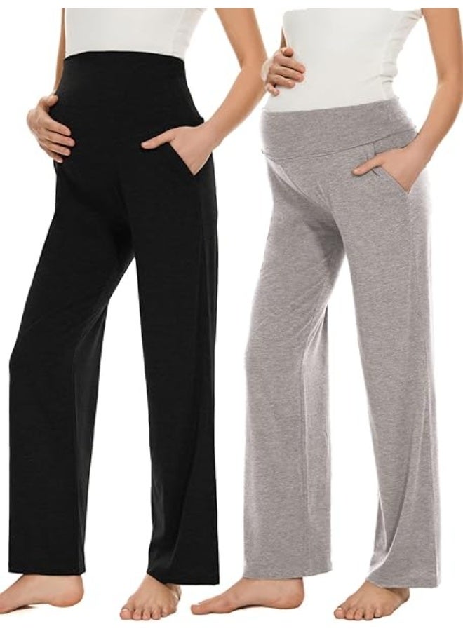 Women's Maternity Wide/Straight Versatile Comfy Palazzo Lounge Pants Stretch Pregnancy Trousers with Pockets - Image 1