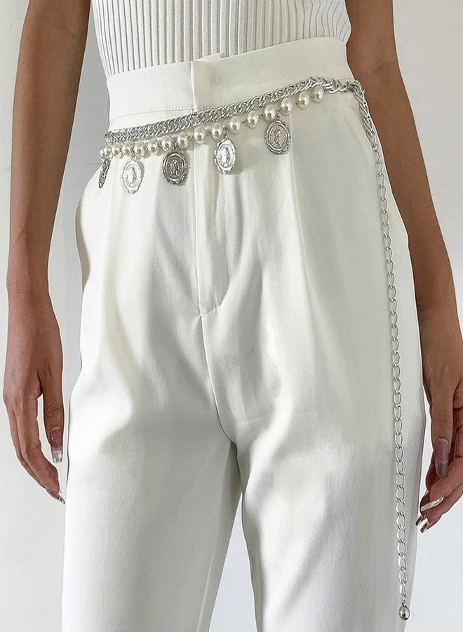 Wiwpar Pearl Waist Chain Belt Coin Pendant Beach Body Chains Fashion Body Belly Belt Silver Waist Chain for Women (Silver) - Image 3