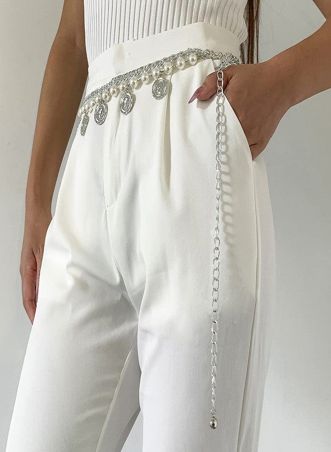 Wiwpar Pearl Waist Chain Belt Coin Pendant Beach Body Chains Fashion Body Belly Belt Silver Waist Chain for Women (Silver) - Image 4