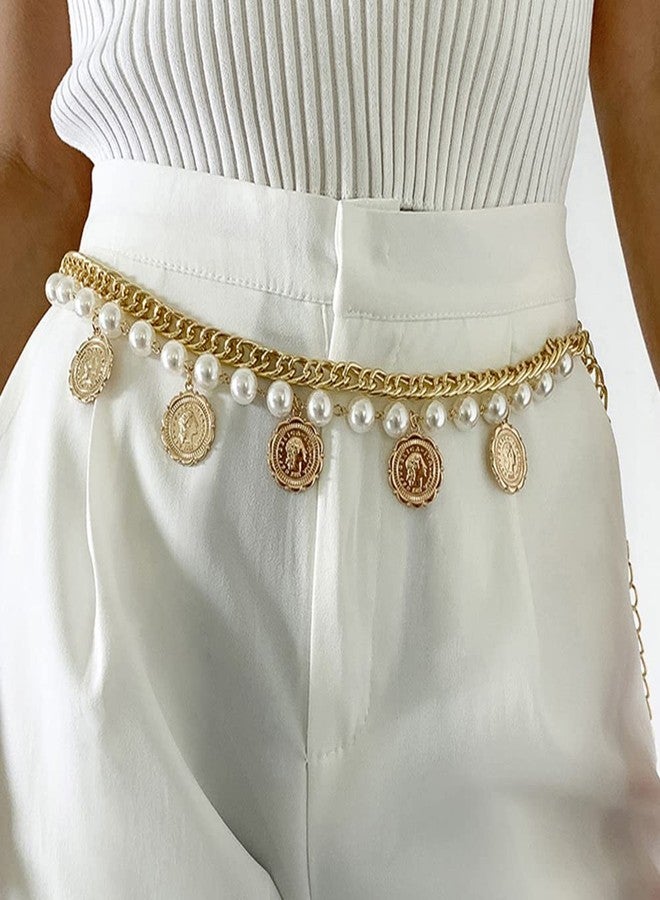 Wiwpar Pearl Waist Chain Belt Coin Pendant Beach Body Chains Fashion Body Belly Belt Silver Waist Chain for Women (Silver) - Image 2