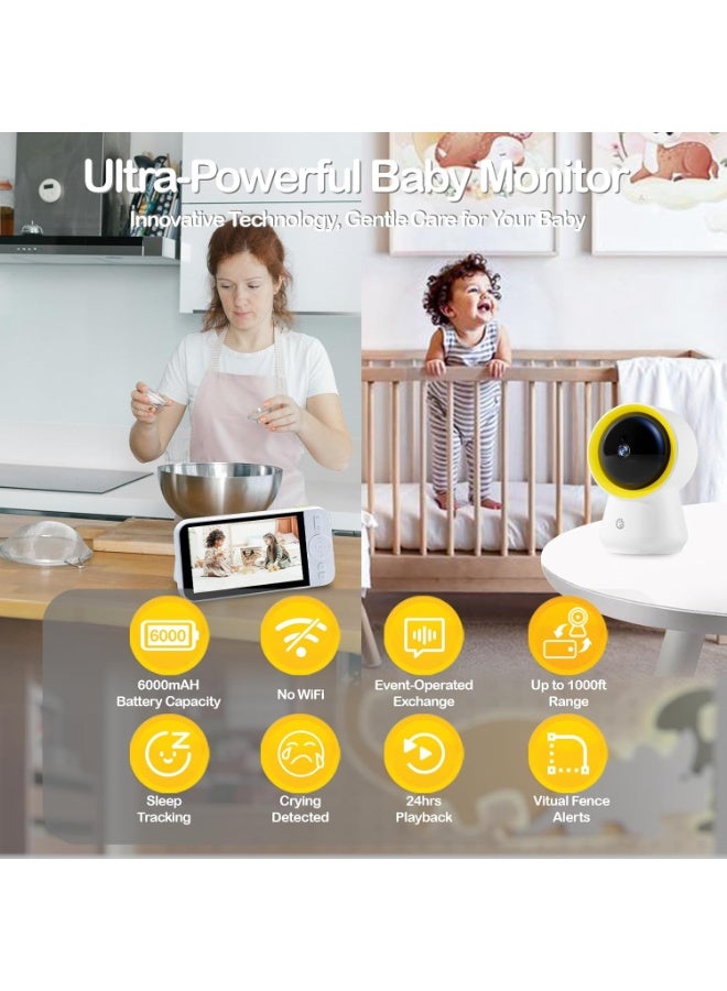 Ellie Baby Monitor No WiFi, Baby Monitor with Camera and Audio, 5" IPS 1080P with Wall Mount, 6000mAh Battery, 1000ft Range, Smart Monitoring 24hrs Playback, AI Cry Detection & Sleep Tracking - Image 2