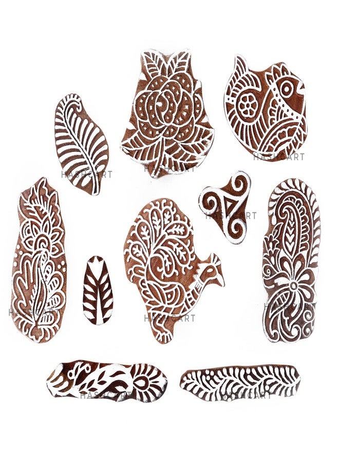 Hashcart | Set of 10 | Wooden Multi Shape Floral Design Printing Stamps for Scrapbooking | Handcarved Blocks for Project Making | Henna Mehndi | Kids & Art Project | Fabric Textile | Pottery Craft - Image 2