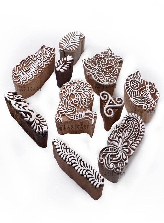 Hashcart | Set of 10 | Wooden Multi Shape Floral Design Printing Stamps for Scrapbooking | Handcarved Blocks for Project Making | Henna Mehndi | Kids & Art Project | Fabric Textile | Pottery Craft - Image 1