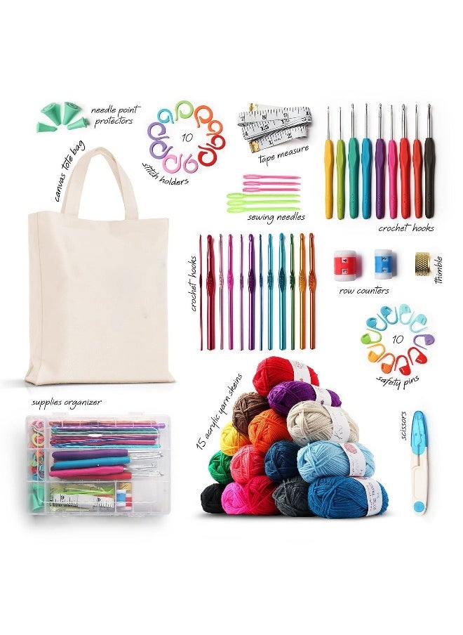 Generic 73 Piece Crochet Kit with Crochet Hooks Yarn Set, Premium Bundle Includes Yarn Balls Needles Accessories Kit Canvas Tote Bag and Lot More Starter Pack for Kids Adults Beginner Professionals 