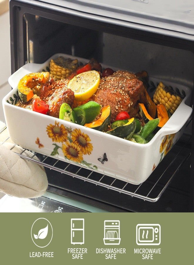 Howise Ceramic Sunflower Baking Casserole Dish with Handles,Large 2 pieces 8x13 inch & 6x10 inch Lasagna Baking Dish and Middle Flower Andplant Baking Pan,Porcelain Serving Bakeware Set - Image 3