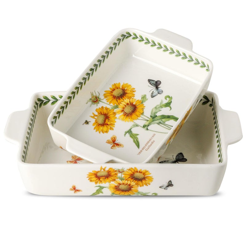 Howise Ceramic Sunflower Baking Casserole Dish with Handles,Large 2 pieces 8x13 inch & 6x10 inch Lasagna Baking Dish and Middle Flower Andplant Baking Pan,Porcelain Serving Bakeware Set - Image 1