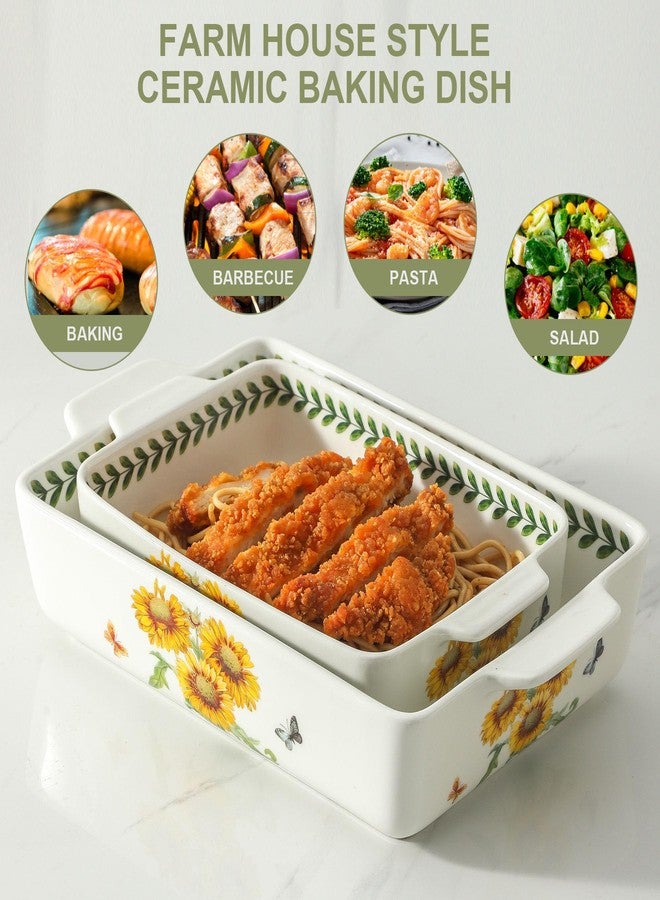 Howise Ceramic Sunflower Baking Casserole Dish with Handles,Large 2 pieces 8x13 inch & 6x10 inch Lasagna Baking Dish and Middle Flower Andplant Baking Pan,Porcelain Serving Bakeware Set - Image 4