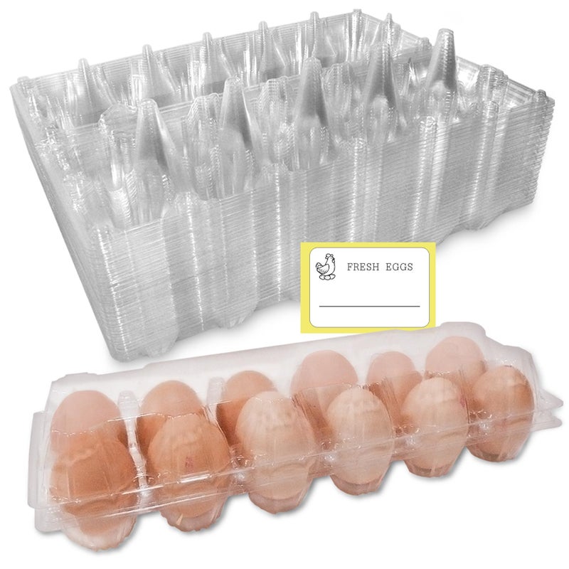 COLOANDUS Large Plastic Egg Cartons 30 Packs with Sticker Labels for 12 Eggs, Cheap Bulk Egg Tray Egg Container Holder for Refrigerator, Storage, Family, Chicken Farm, Market, Camping - Image 1