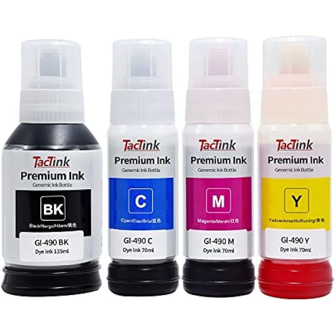 GI-490 INK BOTTLE 490 INK TANK CARTRIDGE FOR CANON INK GI 490 ECOTANK FOR CANON PIXMA G1400 G1410 G1411 G2400 G2410 G2411 G3400 G3410 G3411 G4400 G4410 G4411 (4 PACK BLACK CYAN MAGENTA YELLOW) - Image 1