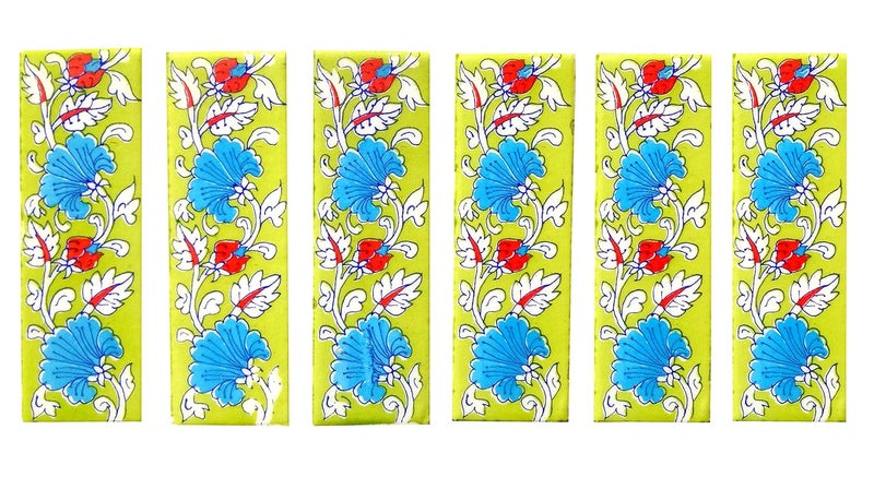 Shiv Kripa Blue Pottery Home Decor Wall Mural Mosaic Tiles Ceramic Handmade Wall Decorative Tiles 2 x 6 Inch Set of 6 Tiles Multi Color