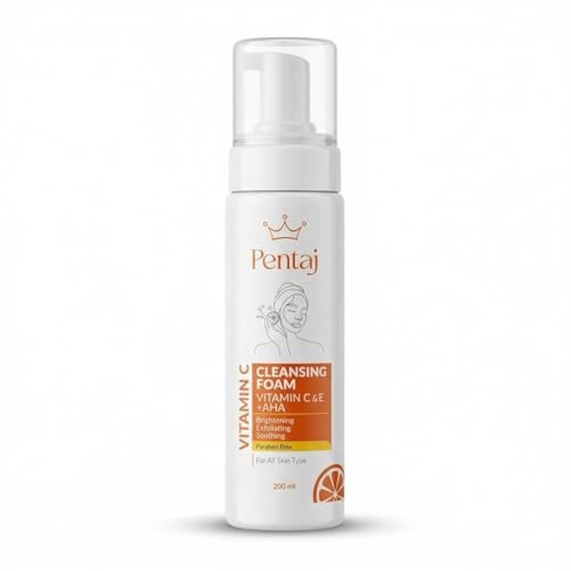 PENTAJ Vitamin C & E + AHA Cleansing Foam 200ml, Brightening & Exfoliating Face Wash - Image 1