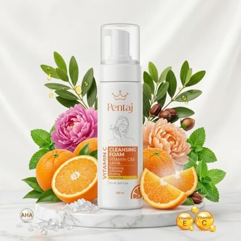 PENTAJ Vitamin C & E + AHA Cleansing Foam 200ml, Brightening & Exfoliating Face Wash - Image 2