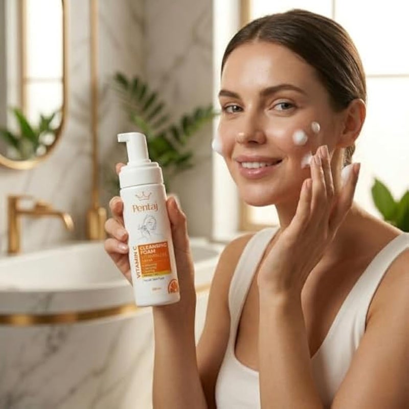 PENTAJ Vitamin C & E + AHA Cleansing Foam 200ml, Brightening & Exfoliating Face Wash - Image 4