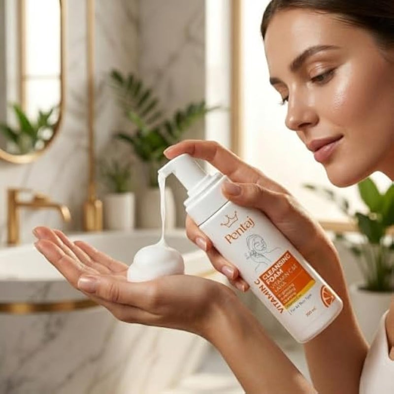 PENTAJ Vitamin C & E + AHA Cleansing Foam 200ml, Brightening & Exfoliating Face Wash - Image 3