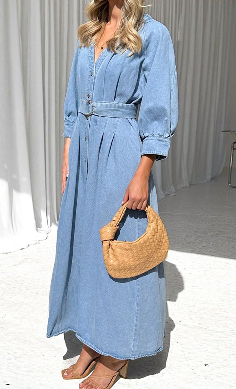loveimgs Women 2025 Casual Button Down Denim Maxi Dress Pleated A Line Long Jean Shirt Dresses Belted Pockets (X-Large,Blue) - Image 4