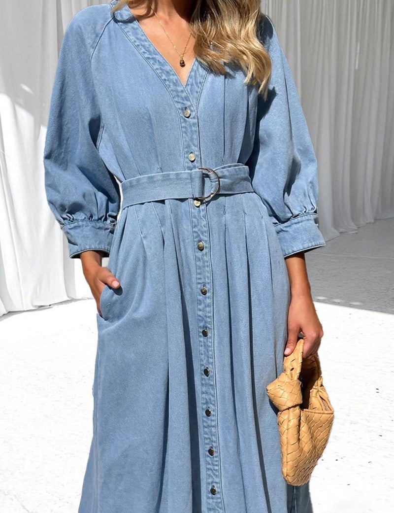 loveimgs Women 2025 Casual Button Down Denim Maxi Dress Pleated A Line Long Jean Shirt Dresses Belted Pockets (X-Large,Blue) - Image 3