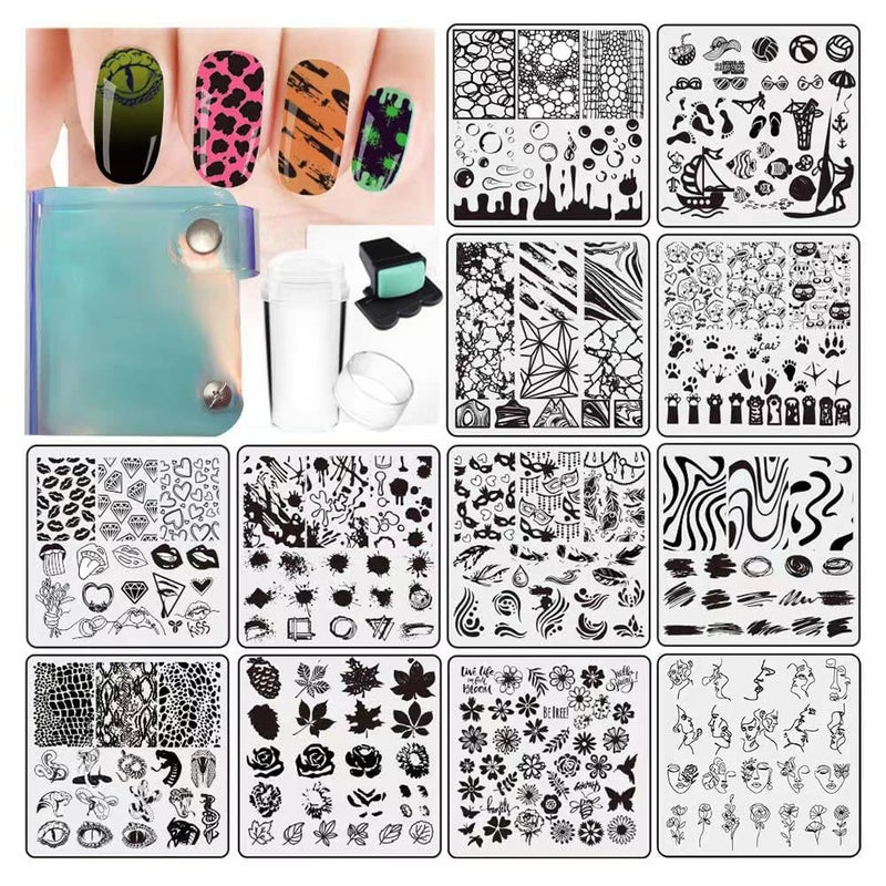 VNC 15Pcs Nail Stamping Plates Set 12pcs Nail Plates 1 nail art stamper 1scraper 1storage bag Nail Art plate Template Image Plate Stencil Set