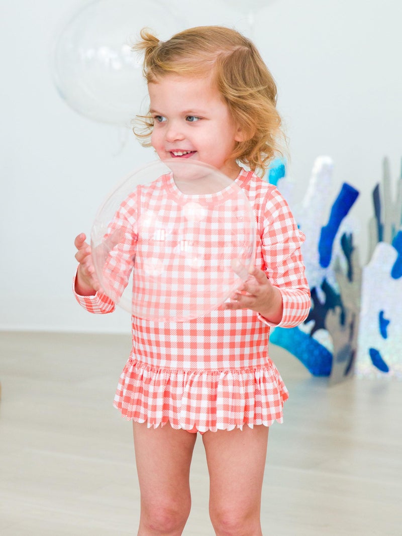 RuffleButts Baby/Toddler Girls Scalloped Long Sleeve Rash Guard 2-Piece UPF50+ Sun Protected Swimsuit - Coral Gingham, 3T - Image 2