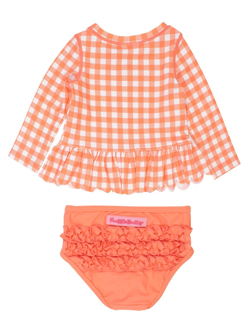 RuffleButts Baby/Toddler Girls Scalloped Long Sleeve Rash Guard 2-Piece UPF50+ Sun Protected Swimsuit - Coral Gingham, 3T - Image 4