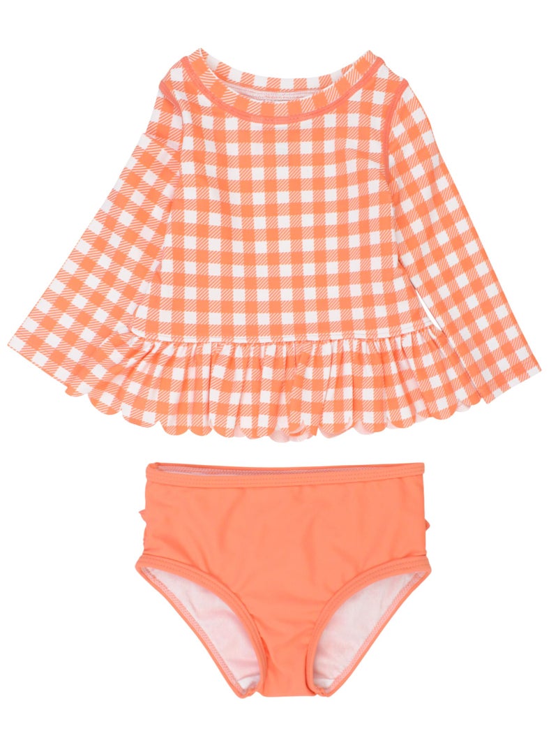 RuffleButts Baby/Toddler Girls Scalloped Long Sleeve Rash Guard 2-Piece UPF50+ Sun Protected Swimsuit - Coral Gingham, 3T - Image 1