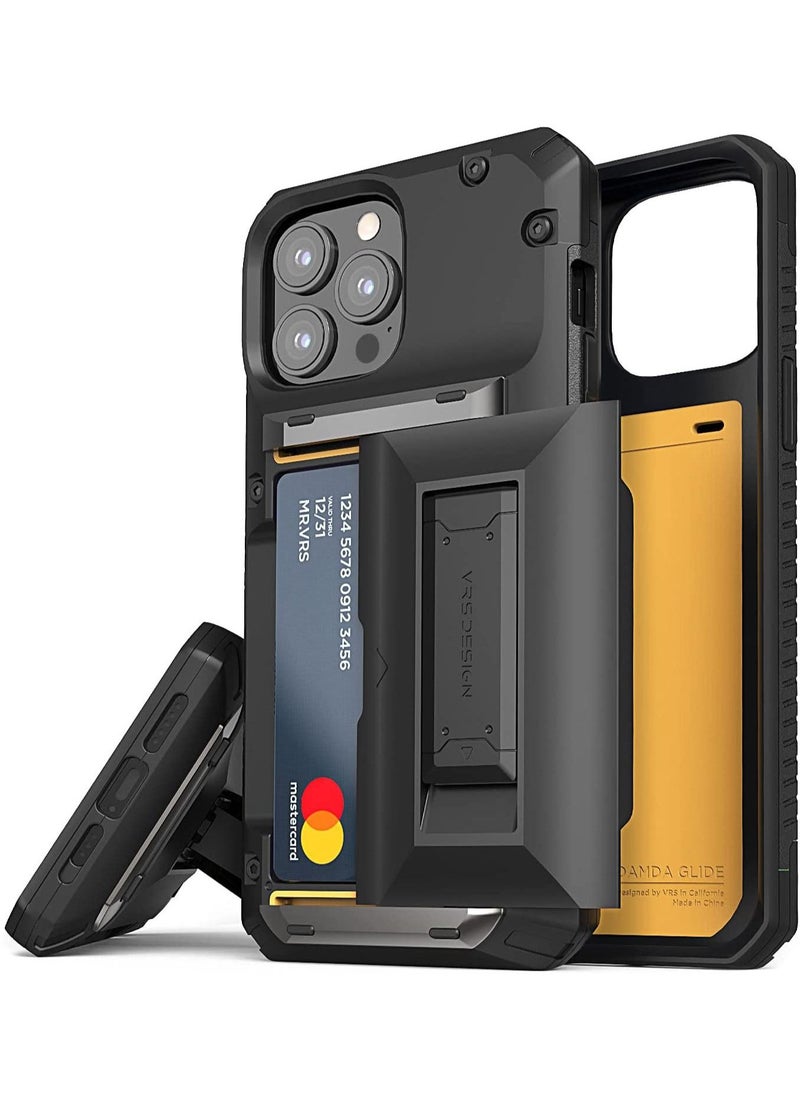 VRS Design Damda Glide Hybrid for iPhone 13 PRO Case Cover Wallet Semi Automatic Slider Card Slot [3-4 cards] with Kickstand - Black  - Image 1