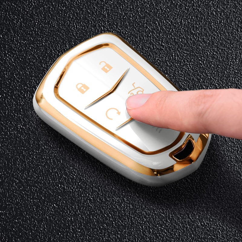 ELOHEI Key Fob Cover for Cadillac, Key Fob Case for 2015-2019 Cadillac Escalade CTS SRX XT5 ATS STS CT6 5-Buttons Premium Soft TPU 361 Degree Full Protection (Gold Edge White) - Image 2