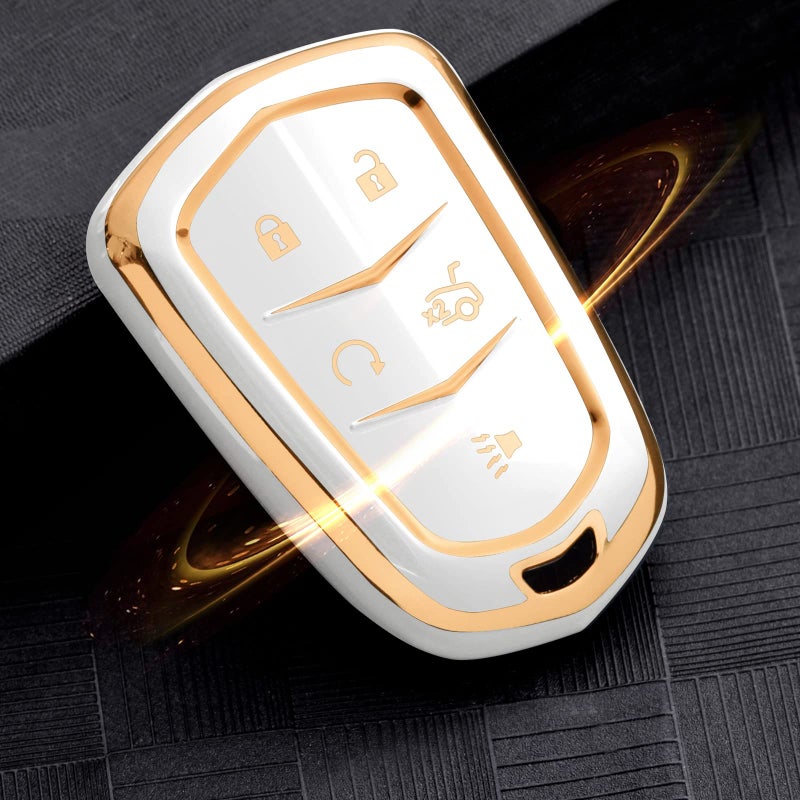 ELOHEI Key Fob Cover for Cadillac, Key Fob Case for 2015-2019 Cadillac Escalade CTS SRX XT5 ATS STS CT6 5-Buttons Premium Soft TPU 361 Degree Full Protection (Gold Edge White) - Image 3