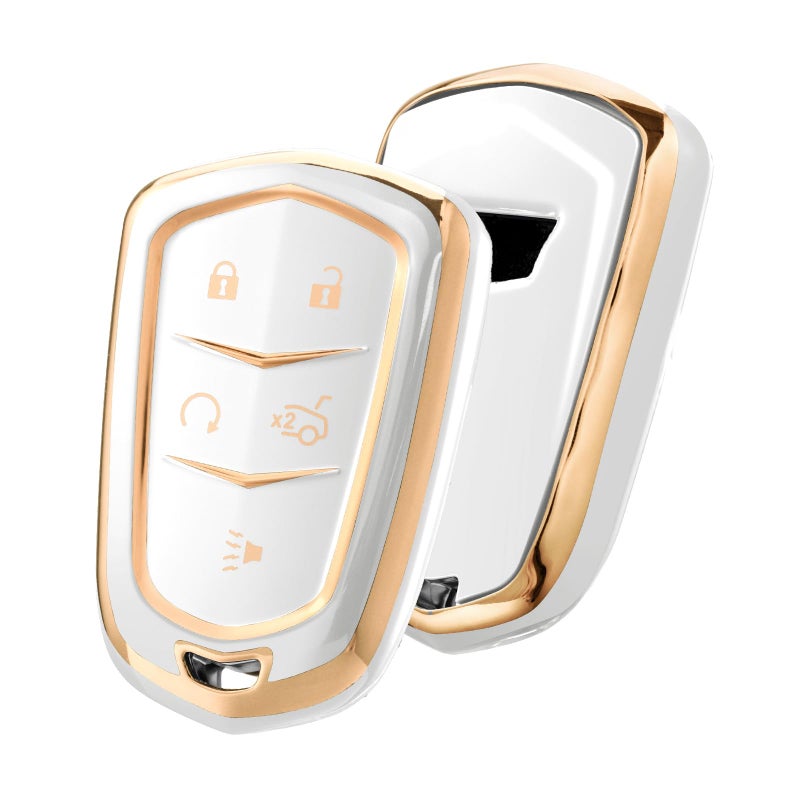 ELOHEI Key Fob Cover for Cadillac, Key Fob Case for 2015-2019 Cadillac Escalade CTS SRX XT5 ATS STS CT6 5-Buttons Premium Soft TPU 361 Degree Full Protection (Gold Edge White) - Image 1