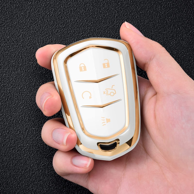ELOHEI Key Fob Cover for Cadillac, Key Fob Case for 2015-2019 Cadillac Escalade CTS SRX XT5 ATS STS CT6 5-Buttons Premium Soft TPU 361 Degree Full Protection (Gold Edge White) - Image 4