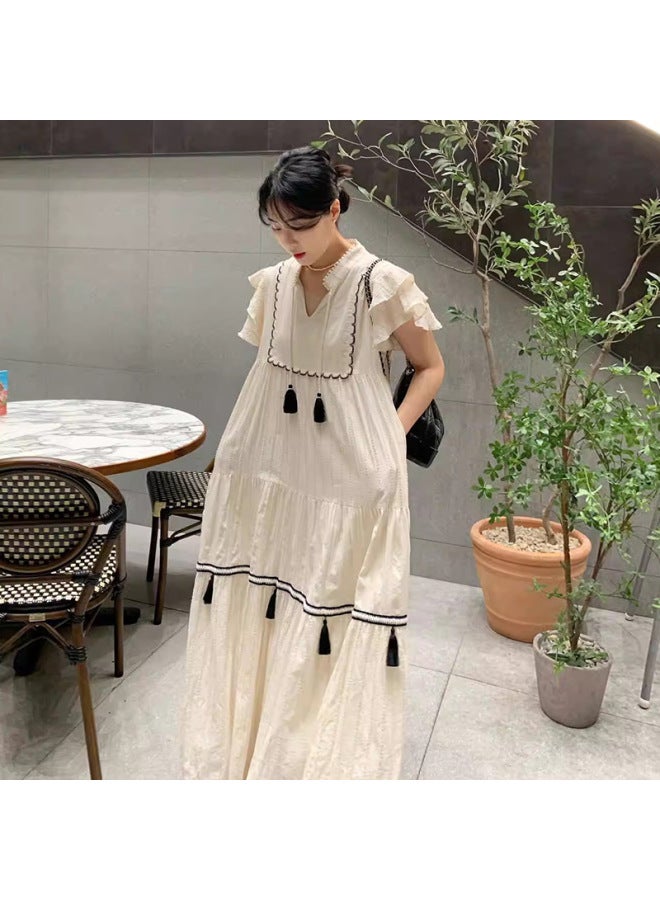 Korean Chic French Ethnic Style V-Neck Lotus Leaf Sleeve Tassel Pendant Stitching Pleated Loose Dress 
