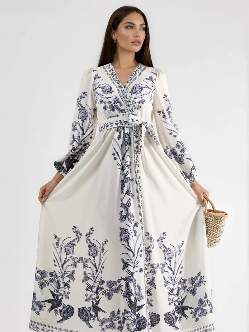 جينيفر Floral Maxi Dress with V-Neck and Tie Detail