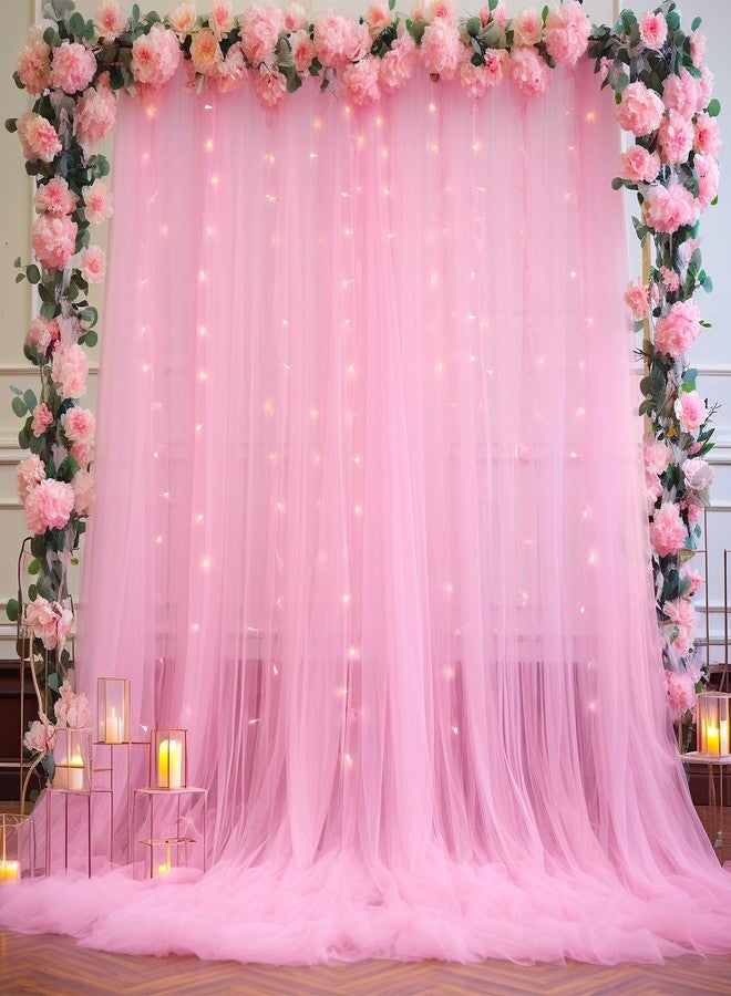 Suppromo Pink Tulle Backdrop Curtains with Lights String for Parites 10ft×8ft, 2 Panels Pink Sheer Backdrop Curtains for Baby Shower Girls Bridal Shower Birthday Party Photo Shoot Decorations - Image 1