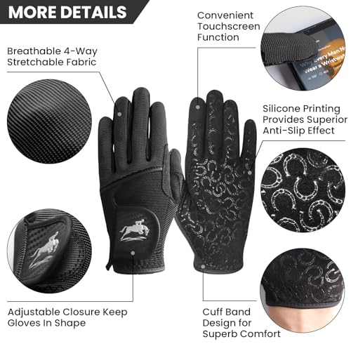 FINGER TEN Womens Horse Riding Gloves Premium Equestrian Horseback Gloves for Ladies, Mesh Breathable Lightweight Comfortable Grip Summer Color Pack (Black, Small) - Image 2