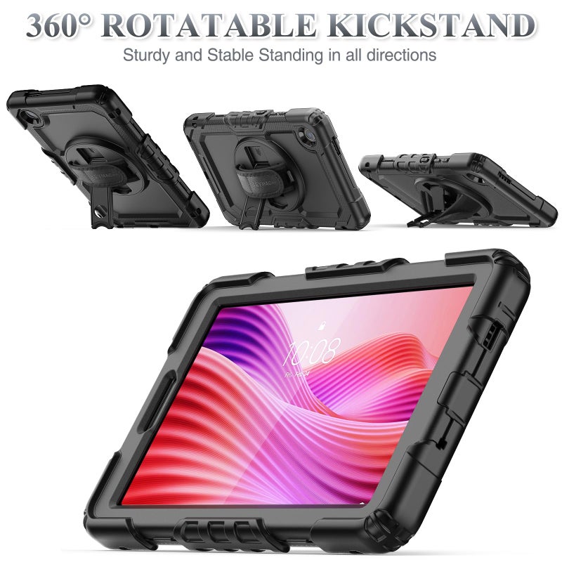 SEYMAC stock Tablet Case for Lenovo Tab One / K9 (TB305FU) 8.7 inch Drop-Proof Protection Cover with 360Â° Rotate Stand & Strap [Pen Holder] & Screen Protector 2025, Black - Image 4