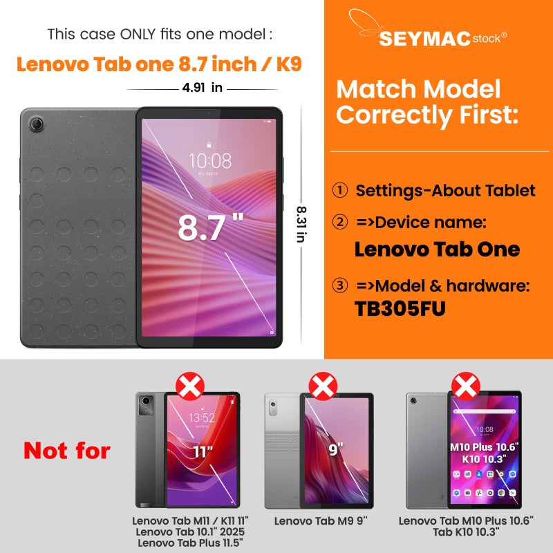 SEYMAC stock Tablet Case for Lenovo Tab One / K9 (TB305FU) 8.7 inch Drop-Proof Protection Cover with 360Â° Rotate Stand & Strap [Pen Holder] & Screen Protector 2025, Black - Image 2