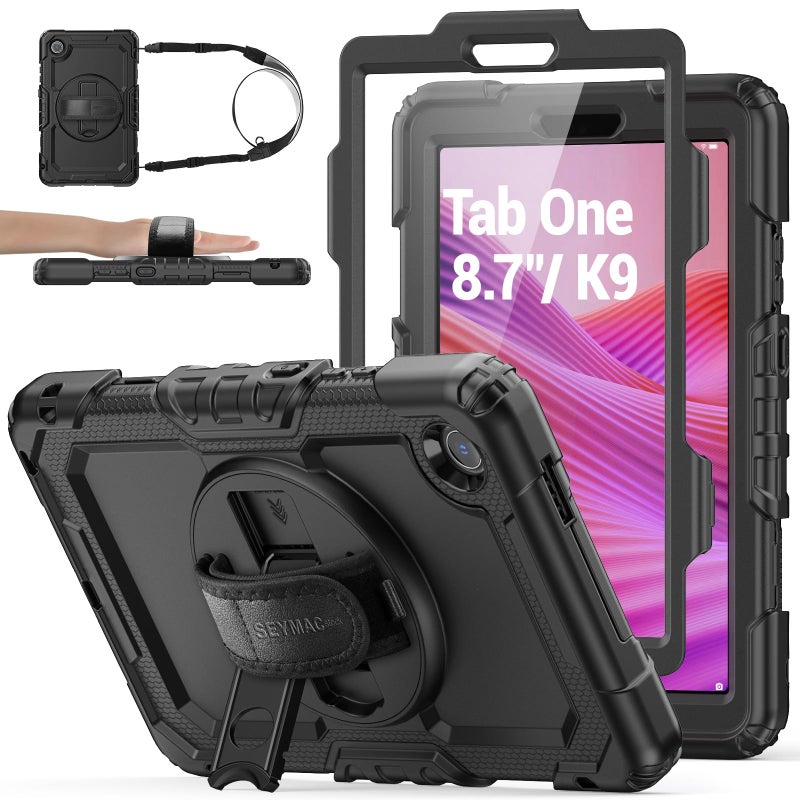 SEYMAC stock Tablet Case for Lenovo Tab One / K9 (TB305FU) 8.7 inch Drop-Proof Protection Cover with 360Â° Rotate Stand & Strap [Pen Holder] & Screen Protector 2025, Black - Image 1