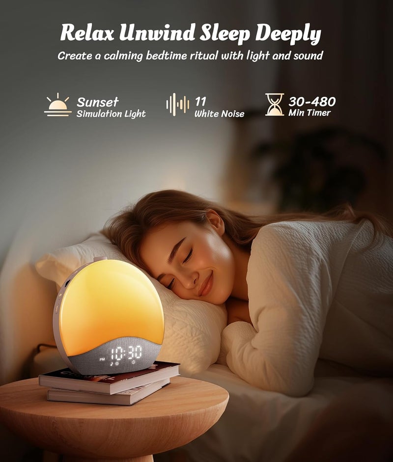 ecozy ساعة منبه شروق الشمس مع آلة صوت الضوضاء البيضاء مزودة بأزرار مضيئة محدثة لغرف النوم 26 صوت مهدئ 17 ضوء ليلي مكبر صوت بلوتوث استيقظ مع ضوء الشمس للبالغين والأطفال الذين ينامون بعمق - Image 4