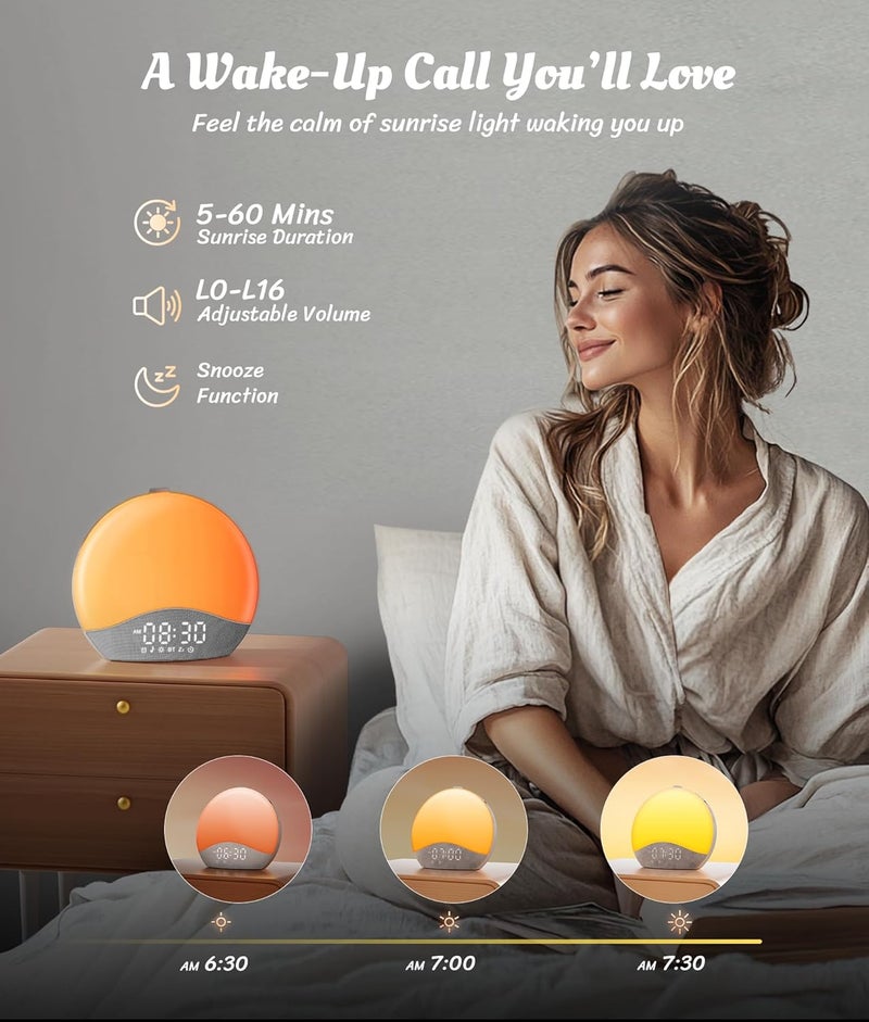 ecozy ساعة منبه شروق الشمس مع آلة صوت الضوضاء البيضاء مزودة بأزرار مضيئة محدثة لغرف النوم 26 صوت مهدئ 17 ضوء ليلي مكبر صوت بلوتوث استيقظ مع ضوء الشمس للبالغين والأطفال الذين ينامون بعمق - Image 3