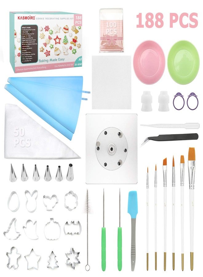 Kasmoire 188pcs Cookie Decorating Supplies Kit(ALL-IN-ONE),with 12pcs holiday cookie cutter,Mixing Tools,Piping Tools,Decorating Tools and 100pcs Cookies Bags for Beginners and Decorator - Image 1