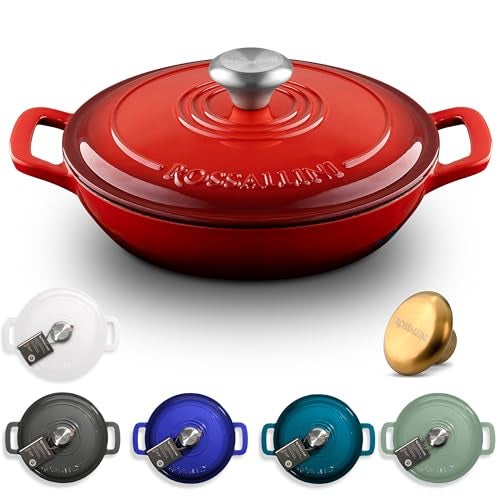 ROSSALLINI Signature Enameled Cast Iron Braiser, Non-Stick Serving Pot with Tight Fitting Lid for Perfect Roasting, Baking, Sauteing, Searing, and Pan Frying | 5Q (4.7L) - Red - Image 1