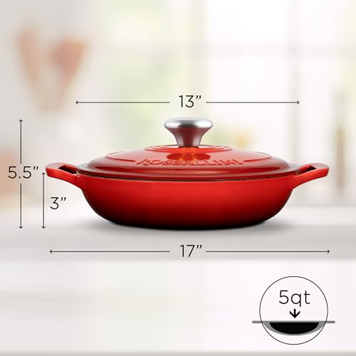 ROSSALLINI Signature Enameled Cast Iron Braiser, Non-Stick Serving Pot with Tight Fitting Lid for Perfect Roasting, Baking, Sauteing, Searing, and Pan Frying | 5Q (4.7L) - Red - Image 2
