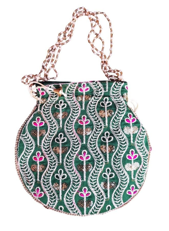 Brown Leaf Embroidered Ethnic Design Handcraft Pouch Potli Handbag for Women Puja Wedding Anniversary Diwali Return Gifts Favor Item (Style 2) - Image 2